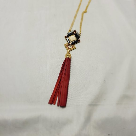 Macy's red leather tassel necklace with gold chain and rhinestones - Picture 9 of 13